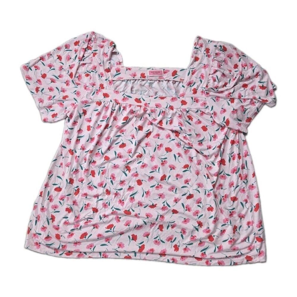 Kate Spade New York Pink Floral Modal Puff Sleeve Square Neck Top Size L EUC